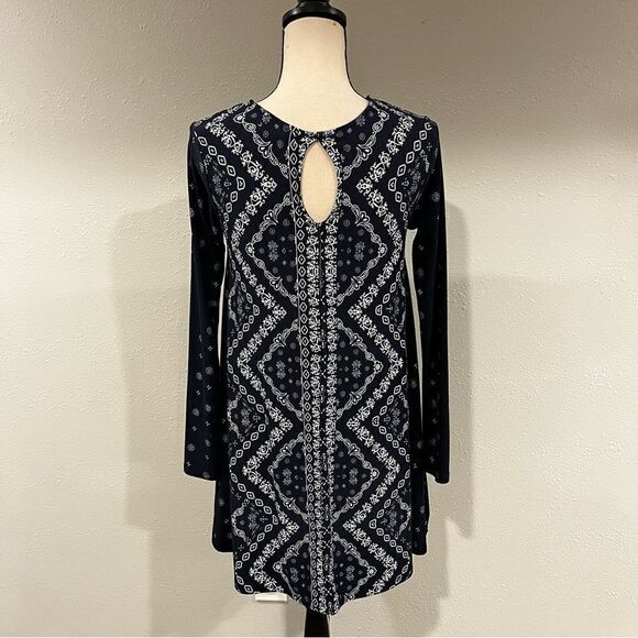Geometrical floral print long sleeve navy tunic / mini dress - Picture 7 of 11